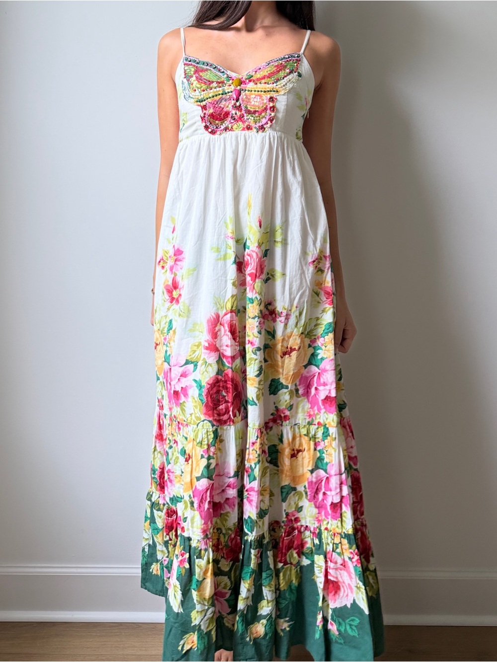 René Derhy Y2K Maxi Dress Rose Garden Print Butterfly Sequined Empire Waist